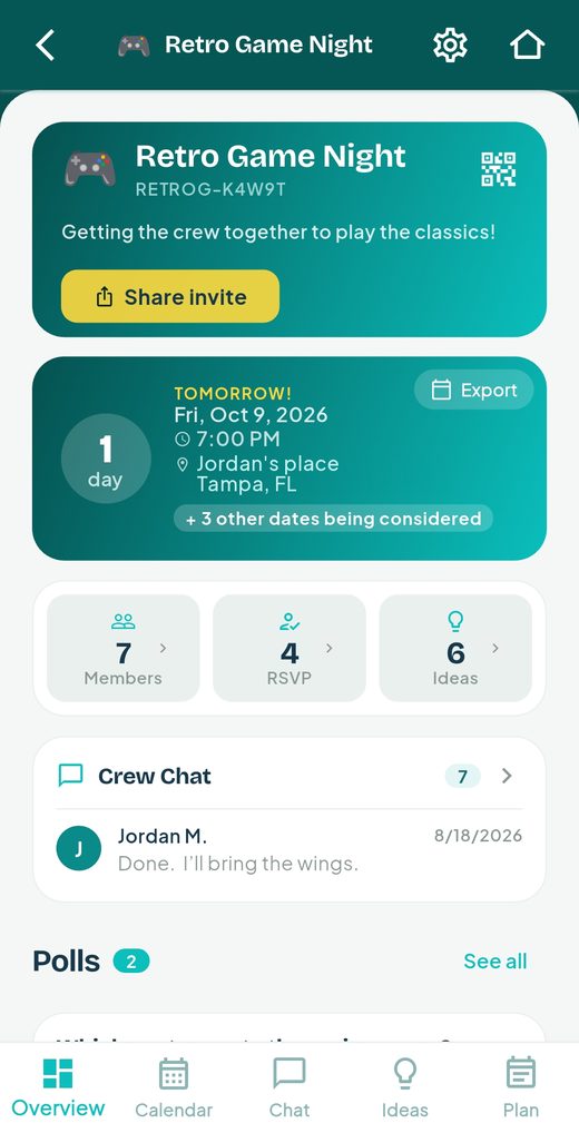 A HeyCrew event called Retro Game Night: tomorrow at 7 PM at Jordan's place, with 7 members, 4 RSVPs, 6 ideas, and the latest crew chat message.